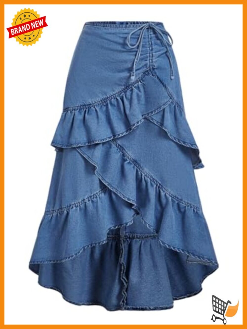 Asymmetrical Tiered Denim Maxi Skirt Ruffle Long Jean Skirt